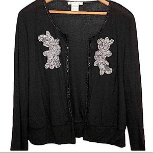 Embroidered Floral Sequin Black Open Front Cardigan